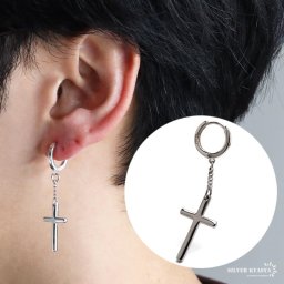 シルバー925 クロスチェーンピアス シルバー クロスピアス 揺れる ドロップピアス フープピアス 十字架 シンプル 片耳1点 金属アレルギー対応 イヤリング