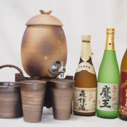 信楽焼・明山窯　焼酎サーバー　火色金小紋　2200ｃｃ(滋賀県)+萬古焼・備前金彩焼酎ペアカップ 氷入れ(三重県)+芋焼酎 森伊蔵 魔王 720ｍｌ 赤霧島 900ｍｌ
