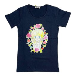 水森亜土 お花の少女柄 プリント半袖Tシャツ(L) ネイビー アパレル