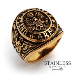 ステンレス カレッジリング ゴールド gold 燻し風加工 イーグル ワイドリング ごつめ メンズ 指輪 金属アレルギー対応 男性