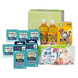 実りの秋の贈り物 クリーンランドリー&キッチンセット ライオンNANOX one PRO（10g×2袋）×4、オレンジマイルドコンパクト（270ml）･ライオンNANOX one PRO（10g×6袋）×各2、ワコーピカ王（レギュラー）･クリンクル食卓テーブル用シート30
