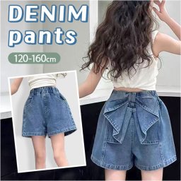 デニムショートパンツスカート 通販 パンツ ショートパンツ 短パン 子供服 こども服 子ども服 子供 女の子 ボトムス リボン 小学生 キッズ ポケット付き 通学 ジュニア お出かけ 外出 カジュアル 普段着 シンプル 可愛い かわいい カワイイ おしゃれ