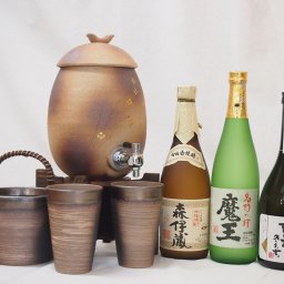 信楽焼・明山窯　焼酎サーバー　火色金小紋　2200ｃｃ(滋賀県)+萬古焼・備前金彩焼酎ペアカップ 氷入れ(三重県)+芋焼酎 森伊蔵 魔王 感謝の気持ち 720ｍｌ