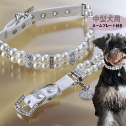 退職 異動 名入れ　ネームプレート　中型犬　迷子防止　ゴージャス　お洒落　ラインストーン　キラキラ首輪　ホワイト　