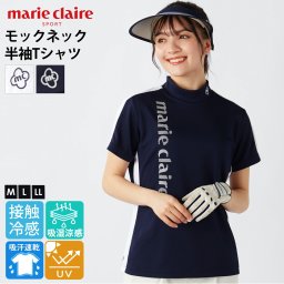 marie claire GOLF マリクレールゴルフ Tシャツ 半袖 レディース ゴルフウェア 春 夏 モックネック  吸汗速乾 ドライ 接触冷感 UVカット 首焼け防止 吸湿涼感 切替 ハイネック メッシュ 通気性 スポーツウェア ブランド おしゃれ カジュアル 紺 白 2025ss