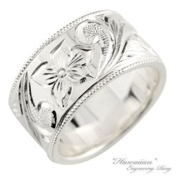 リング レディース プラチナ ハワイアンジュエリー 指輪 幅広 pt900 pt 花 プラチナ900 ミルウチ ストレート 平打ち プルメリア 地金リング 10mm クリスマス
