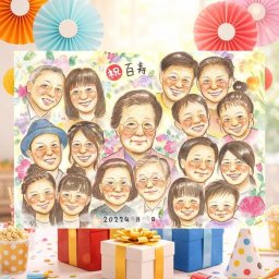 誕生日の記念に、写真とは違うぬくもりが伝わる似顔絵です。 似顔絵 百寿祝い 贈り物 プレゼント ギフト 名入れ 手描き 誕生日 長寿 お祝い 記念日 白寿 大人数 祖父母 ご両親 孫 下書き確認 名入れ 修正無料 一生もの かわいい 親孝行 そっくり 宝物 100歳 百寿祝い 長寿 結婚祝い ウェディングギフト カラフル メモリアルギフト キレイ サプライズ 節目 長寿祝い 感謝の品