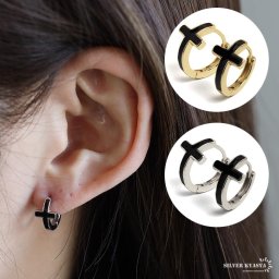 シルバー925 ブラック クロスピアス フープピアス シルバーピアス ゴールド 18KGP gold silver 十字架 ミニ レディース 女性 金属アレルギー対応 両耳 イヤリング
