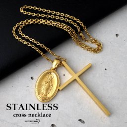 ステンレス クロスネックレス マリアコイン 不思議のメダイ 十字架 あずきチェーン 18k GP gold 細身 細い 50cm ゴールド 男性 金属アレルギー対応 メンズ ペンダント