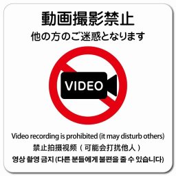 動画撮影禁止（他の方のご迷惑となります）  多言語 英語 中国語 韓国語 対応 マグネットステッカー マグネット 強力 正方形 13x13cm 商業施設 飲食店 旅館 ホテル レンタル イベント表示 場所 掲示 案内板 ピクトサイン 防水 屋内 屋外