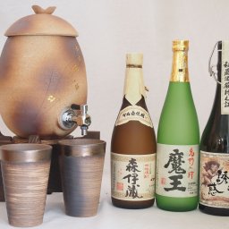 信楽焼・明山窯　焼酎サーバー　火色金小紋　2200ｃｃ(滋賀県)+萬古焼・備前金彩焼酎ペアカップ(三重県)+芋焼酎 魔王 森伊蔵 天使の誘惑 720ml