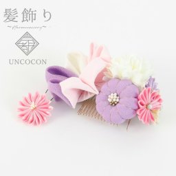 髪飾り　成人式　つまみ細工　２点セット　ピンク　白　ラベンダー　ピンポンマム　花　ちりめん　コーム　Ｕピン　卒業式　振袖　七五三