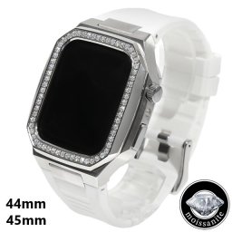 モアサナイト アップルウォッチケース 44mm/45mm シリーズ4/5/67/8/9 モアサナイトベゼル ホワイトラバーバンド カスタムバックル ゴールド ステンレススチール ラグジュアリー プレゼント メンズ 【保証付】