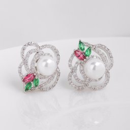 ピアス 両耳用 キュービックジルコニア ホワイト 真鍮 シルバー スタッド おしゃれ 可愛い かわいい フラワー 花 イミテーションパール 人工パール カラフル e14110801