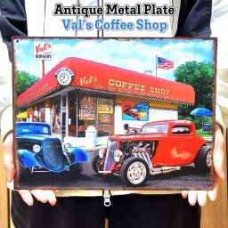 ブリキ看板 コーヒーショップ おしゃれ ヴィンテージ Val's Coffee Shop アメリカン 壁掛け カフェ 雑貨 メタルプレート 車 ガレージ インテリア プレゼント アンティーク 壁飾り ギフト 店舗 バー