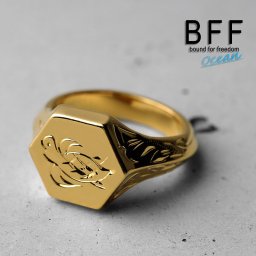 BFF ブランド タートル 印台リング スモール 小ぶり ゴールド 18K GP gold 金色 六角形 スタンプリング シグネットリング ハワイ ハワイアンジュエリー 手彫り 彫金 専用BOX付属