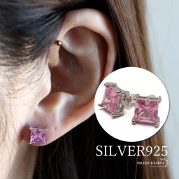 シルバー925 ストーンピアス ピンク 一粒ピアス スタッドピアス キラキラ 大ぶり レディース 女性 両耳2点 金属アレルギー対応 イヤリング