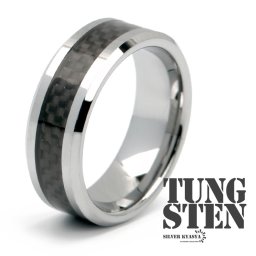 タングステン カーボン デザイン 幅8mm エッジカット シルバー ブラック フラットバンド 金属アレルギー対応 ごつめ