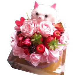 誕生日プレゼント 猫 入り フラワーケーキ 枯れないプリザーブドフラワー入り ケース付き ねこ好き