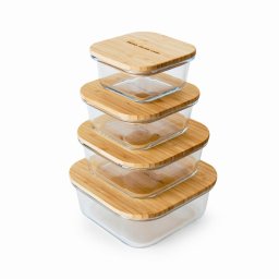 竹 と 耐熱ガラス スクエア 保存容器 4サイズ セット 370ml 640ml 1040ml 1520ml