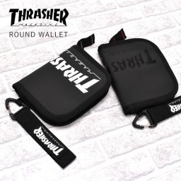 財布 二つ折り 軽量 撥水 THRASHER スラッシャー UNISEX MENS LADIES R&B ラウンドファスナー ウォレット ロゴ かっこいい 学生 スケーター ストリート ギフト プレゼント 黒 ブラック 通勤 ポケット ポケットサイズ ミニサイズ