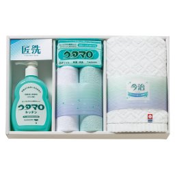 実りの秋の贈り物 石鹸･キッチン洗剤ギフト ウタマロ マイクロファイバークロス（中国）（25×25cm）×2、ウタマロキッチン（300ml）･ウタマロ石鹸（133g）･今治ウォッシュタオル（28×30cm）×各1