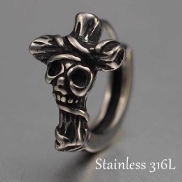 シルバーピアス スカル×クロス フープ（中折れ）ピアス 金属アレルギー対応ステンレス1P 片耳用 片方 シングル 骸骨 ドクロ 髑髏 輪 リング 輪っか 黒 ブラック アラベスク 男性用 アクセサリー かっこいい【全品1個ずつバラ売り】 プレゼント