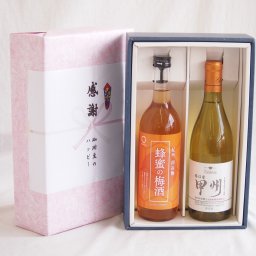実りの秋の贈り物 感謝の贈り物ボックス 和歌山産南高梅と国産蜂蜜の梅酒と国産ワインセット(勝沼産 甲州 白ワイン やや甘口(山梨県)720ml和歌山県 蜂蜜の梅酒12度 720ml