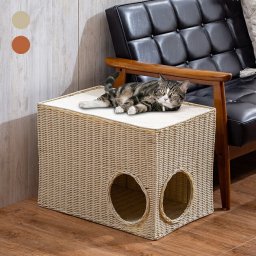 ソファサイドキャットハウス 猫ベッド 洗える ラタン風 涼しい ボックス型 カゴ バスケット 穴付き キャットベッド クッション付き　送料無料