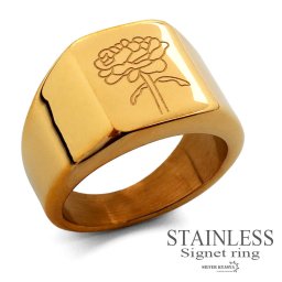 ステンレス リング レディース 指輪 シグネットリング 印台リング 花 牡丹 ボタン 太幅 幅広 ゴールド 金 18K 18金 IPメッキ 金属アレルギー対応 男女兼用 女性