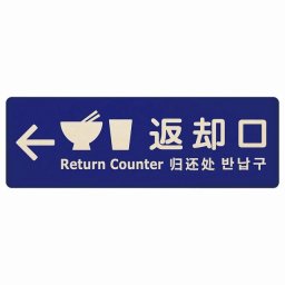 27x9cm返却口 皿 カップ イラスト入り 多言語 英語 中国語 韓国語 対応 ブルー 左矢印 木製プレート 長方形 商業施設 飲食店 旅館 ホテル レンタル イベント表示 場所 掲示 案内板 ピクトサイン