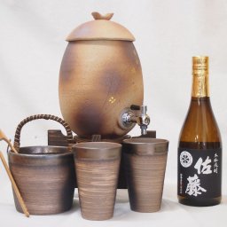 信楽焼・明山窯　焼酎サーバー　火色金小紋　2200ｃｃ(滋賀県)+萬古焼・備前金彩焼酎ペアカップ 氷入れ(三重県)+芋焼酎 佐藤 黒 720ml(鹿児島県)