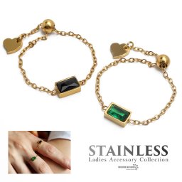 リング ステンレス 金属アレルギー対応 レディース グリーン ブラック 緑 黒 一粒ストーンリング ストーン ジルコニア IP 18KGP チェーン 細身 華奢 極細 ゴールド シルバー 金 銀 シンプル 指輪 女性