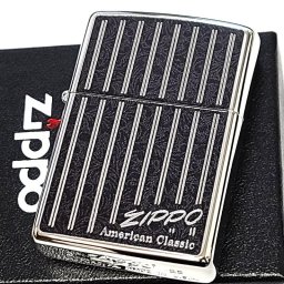 ZIPPO ライター ストライプ 両面加工 アメリカンクラシック ジッポ ロゴ おしゃれ アンティーク  彫刻 ブラック＆シルバー 黒 縦縞 かっこいい メンズ ギフト プレゼント