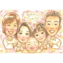 手描きで制作するオーダーメイド似顔絵 手描きで制作されるオーダーメイド似顔絵。暖色をふんだんに使ったふんわりとした温かみのあるタッチで描かれ、年齢問わず喜ばれます。1名から大人数も可能で、記念やお祝いにぴったり。リビングや玄関に飾られ、毎日の生活に癒しと喜びをもたらします。送料無料。