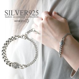 シルバー925 喜平チェーンブレスレット クロス フローラル 十字架 レディース シンプル アシンメトリー 金属アレルギー対応 女性