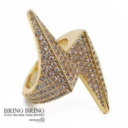 稲妻リング ブリンブリン サンダー 雷 パヴェ CZ AAA 18k GP gold 指輪 キュービックジルコニア HIPHOP系 B系 ストリート ラップ ダンス ゴールド 金 メンズ 男性