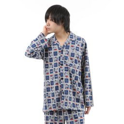 可愛いミッキー総柄シャツタイプ！メンズパジャマ 紳士パジャマ 長袖・長ズボン【春物・秋物】ディズニー ミッキーマウス 天竺生地 ナイトウェア ルームウェア Ｍ・Ｌ・LL ブラック・ネイビー