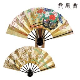 ★名入れ不可★『【飾り扇子】高級両面金もみ飾り扇子／(表)花車・(裏)丘桜（台付き）』　和風 プレゼント お祝 誕生日 記念日 お礼 還暦 古稀 喜寿 傘寿 米寿 日本土産 海外 敬老の日 周年記念 結婚祝 成人 退職祝 