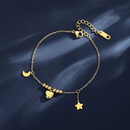 ブレスレット 石なし ステンレス イエローゴールド 小豆 アズキチェーン カニカン 可愛い かわいい モチーフ ハート 星 スター 月 ムーン 16.5cm+4cm tb21022142