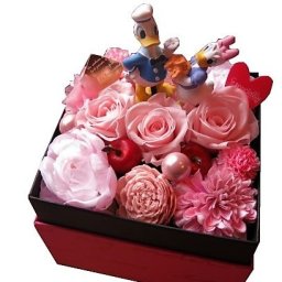 ドナルド デージー入り 花束風ギフト 箱を開けてサプライズ ボックス プリザーブドフラワー入り 誕生日 結婚祝い
