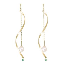 ロングチェーン ピアス 18金 レディース エメラルド 揺れる ウェーブ バー 18k チェーン アメリカンピアス パール おしゃれ アクセサリー 自分用