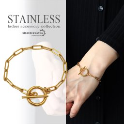 ステンレス チェーンブレスレット レディース マンテル ゴールド シンプル 18k GP Tバー 金属アレルギー対応 18.5cm 20cm 女性