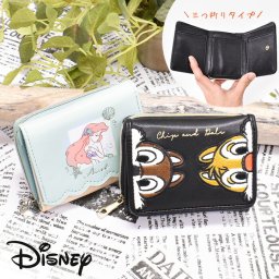 財布 三つ折り財布 レディース キャラ キャラクター 人気 アリエル チップ＆デール おしゃれ かわいい スカラップ 貝殻 パステル ブルー ブラック 刺繍 キャラ キャラグッズ おさいふ さいふ 小銭入れ ファスナー コインケース