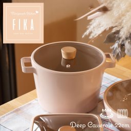 FIKA ピーチピンク ディープキャセロール 22cm 専用ガラス蓋付き 深鍋 セラミック 両手鍋 寸胴鍋 くっつかない IH 対応 ガス コンロ 対応 韓国ブランド おしゃれ 可愛い 綺麗 北欧 デザイン ピンク 人気 ウッド 新築祝い 結婚祝い (09000590r)