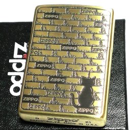 ZIPPO 可愛い ライター 猫 ブリックキャット ジッポロゴ アンティークゴールド 両面加工 黒差し 金 おしゃれ ネコ かわいい 女性 レディース メンズ ギフト プレゼント