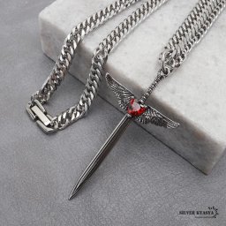 ステンレス ソードネックレス シルバー ダブル喜平チェーンネックレス 幅6mm 長さ50cm 60cm ハート 剣 フェザー 中折式 メンズ 男性 お洒落 人気 トレンド 流行り 金属アレルギー対応 ペンダント