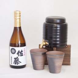 本格焼酎サーバー1000cc(18cm×24cm 1kg)三重県萬古焼き備前金彩ペアカップ(200ml×2個)佐藤酒造 本格芋焼酎 白麹仕込み佐藤白 (鹿児島県) 720ml×1本