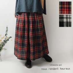 【nous rendent heureux ヌーランドオロー】コットン リネン タータンチェック タック スカート(825353)レディース 春 夏 ゆったり フレア Aライン ワイド 麻 スロンスクエア ナチュラル 服 新作 ナチュランド 人気 30代 40代 50代 60代 母の日 クリスマス ギフト プレゼント
