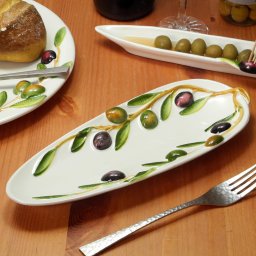 イタリア製 オリーブ柄 スプーンレスト 27cm 食器 陶器製 ヨーロッパ アンティパストプレート 緑 オリーブ ハンドメイド 変形皿 前菜皿 白地 おしゃれ プレート 通販 bre-1411-ov